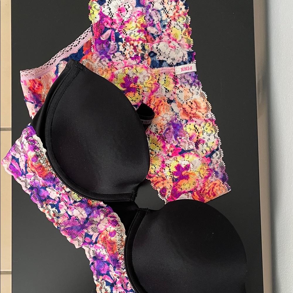 Victoria's Secret Black and Floral Lace Bra Set